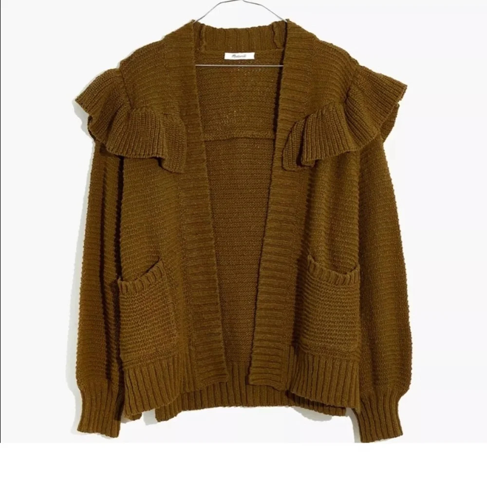 Madewell Dark Olive Green Ruffle Open Style 100% Cotton Knit Cardigan Sweater XS